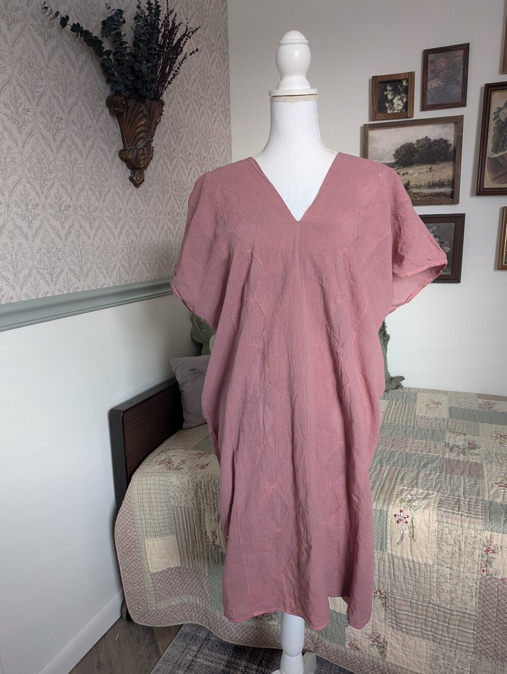 Romantic Dusty Mauve Cottagecore Dress | Diamond Panel | Boho Prairie | Artisan
